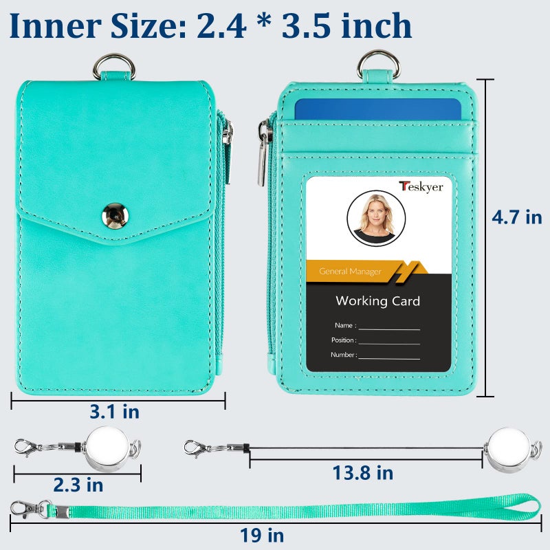 Teskyer Leather Badge Holder with Lanyard and Retractable Badge Reel, 4 Card Slots ID Card Holder with 1 Zipper Pocket for Office School Name Work IDs, Green - Image 5